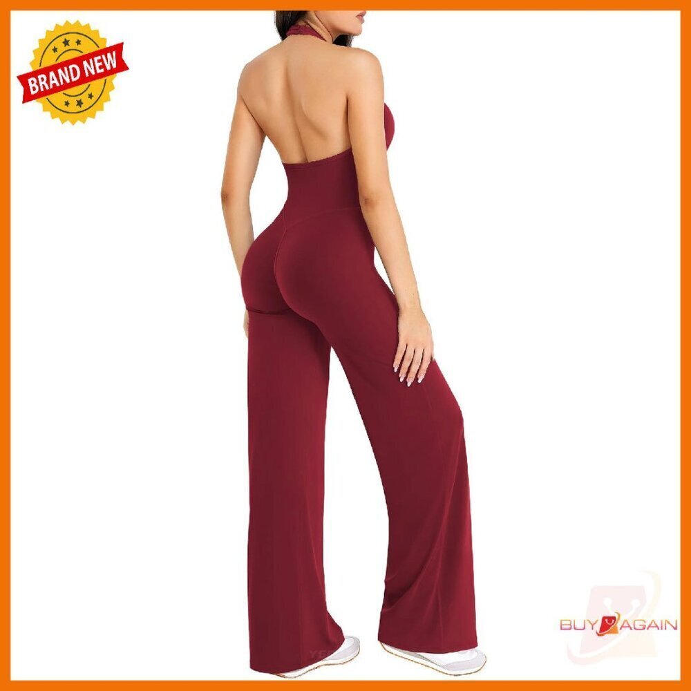 Sleeveless Halter Romper Wide Leg Bodycon Jumpsuit Stretchy Fabric